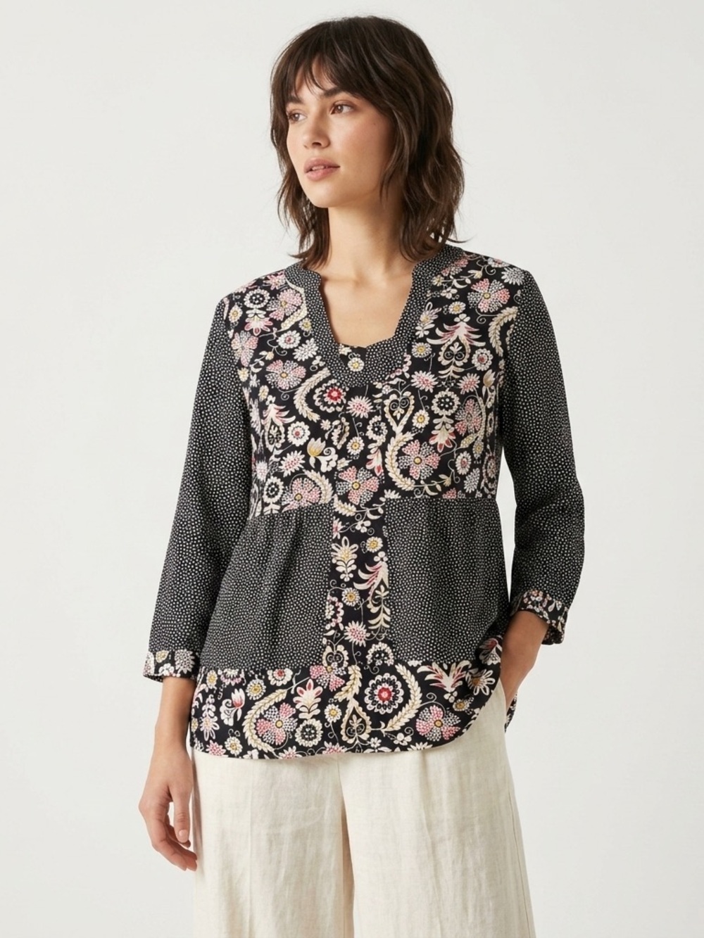 Boden Black Mixed Print Floral Polka Dot Boho Tunic Blouse 10